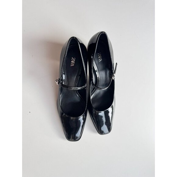ZARA Black Faux Patent Leather Square Toe Block Heel Mary Jane Pumps, Size 37 - Picture 2 of 12
